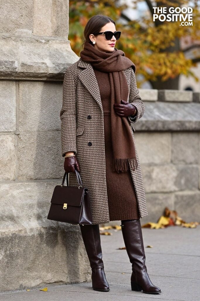 Walnut Houndstooth Coat with Chocolate Wool Midi Dress