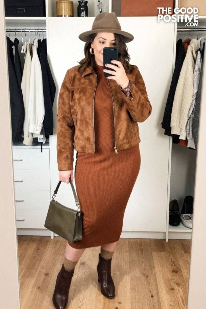 Walnut Suede Bomber with Burnished Copper Knit Dress