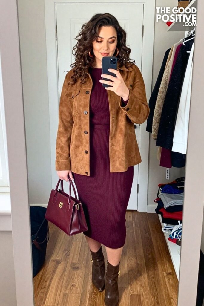 Walnut Suede Shirt Jacket With Aubergine Knit Column Dress