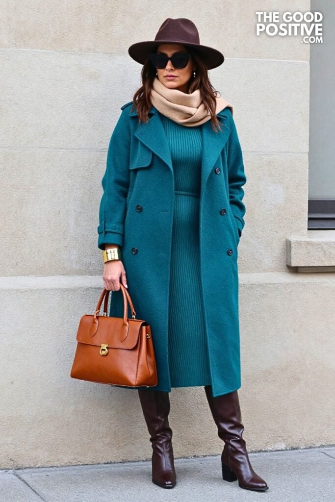 Walnut Wool Trench with Deep Teal Knit Dress