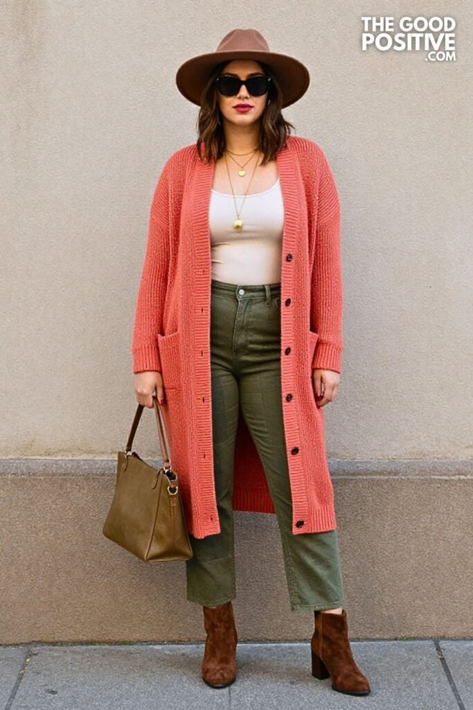 Warm Coral Textured Cardigan with Olive Patchwork Denim