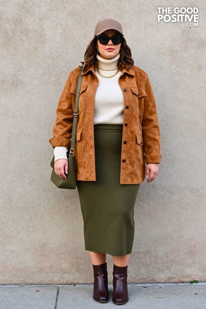 Warm Honey Suede Shirt Jacket with Olive Knit Column Skirt