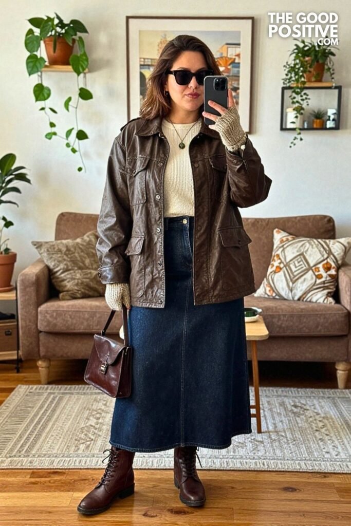Waxed Cotton Jacket With Denim Maxi Skirt