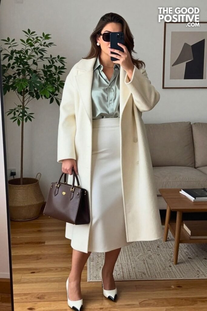 White Wool Coat with Sage Silk Blouse and White Midi Pencil Skirt