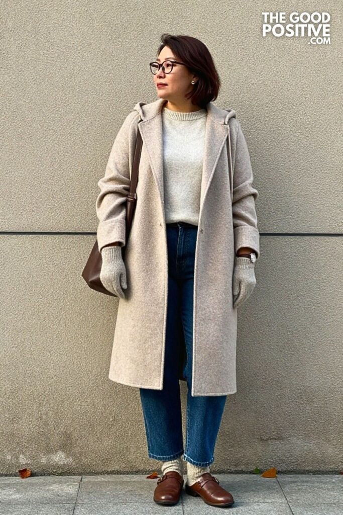 Wool Blend Hooded Coat with Relaxed Straight Jeans and Leather Clogs