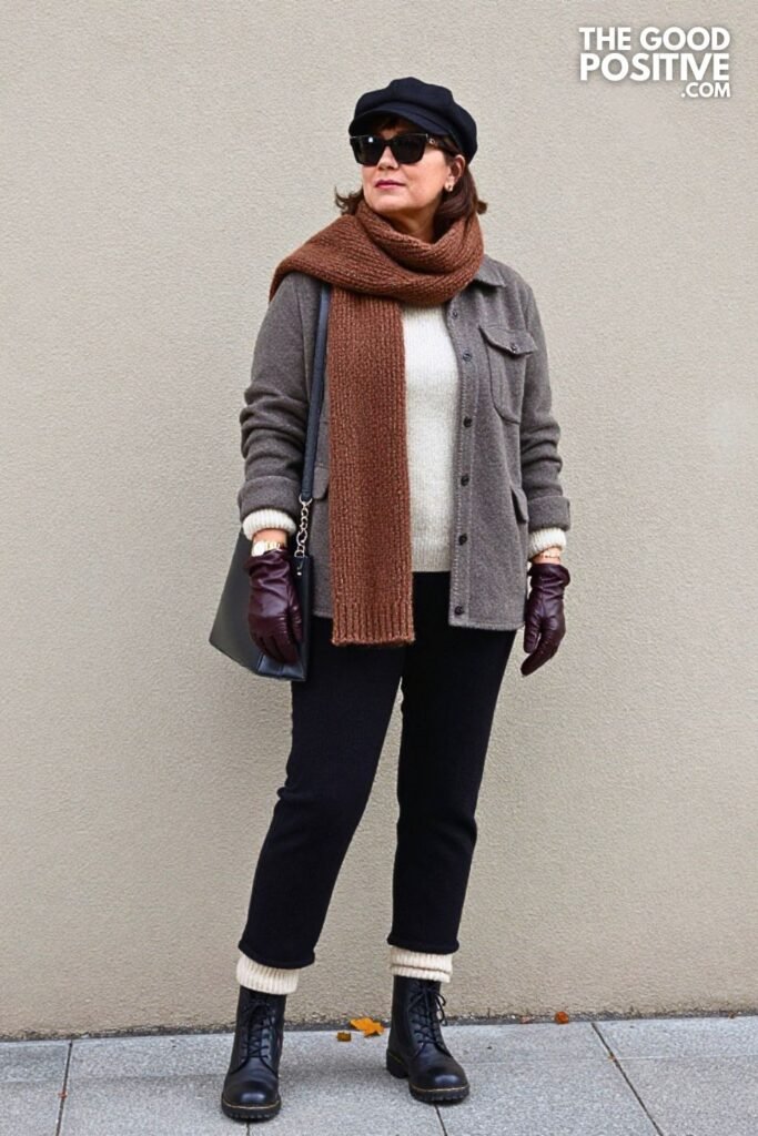 Wool Shirt Jacket with Straight Knit Trousers and Lace Up Work Boots