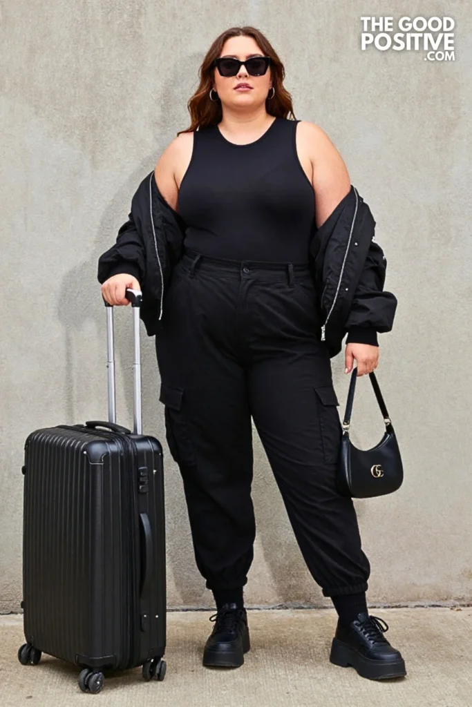 All-Black Cargo Pants, Mesh Layer, and Bomber