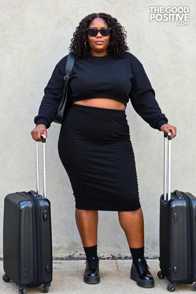 All-Black Ribbed Maxi Skirt and Patent Sneakers
