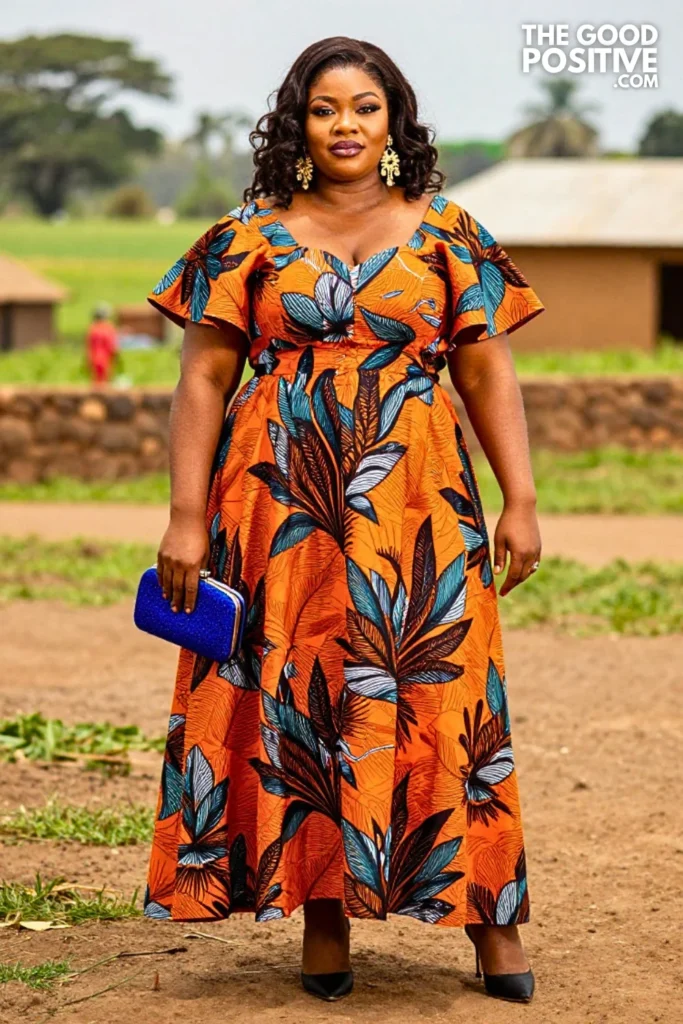Ankara Dress With Orange Botanical Panels