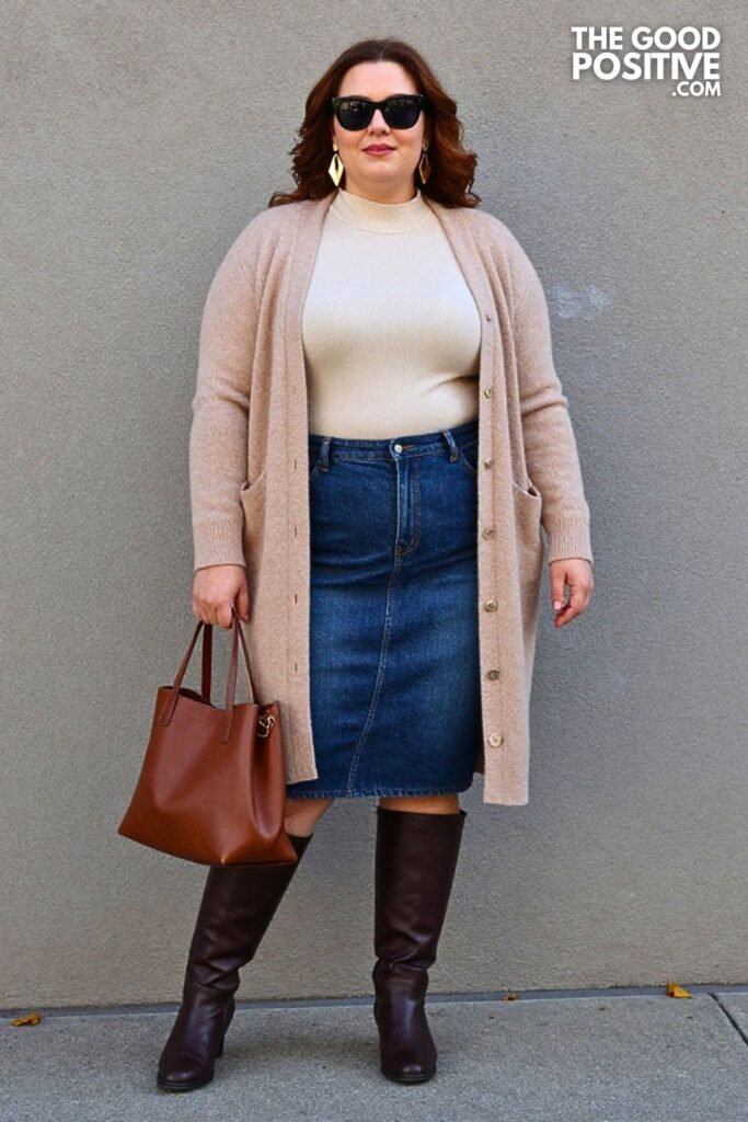 Aubergine Brushed Cardigan with Camel A-Line Denim Midi Skirt