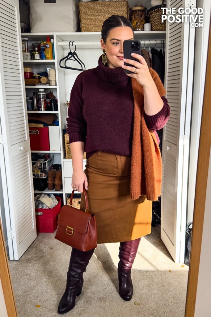 Aubergine Funnel-Neck Sweater With Walnut Full Midi Skirt