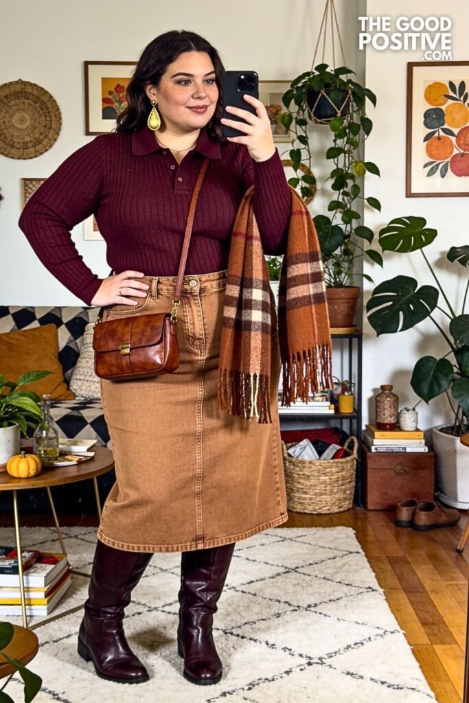 Aubergine Knit Polo with Tobacco A-Line Denim Midi Skirt