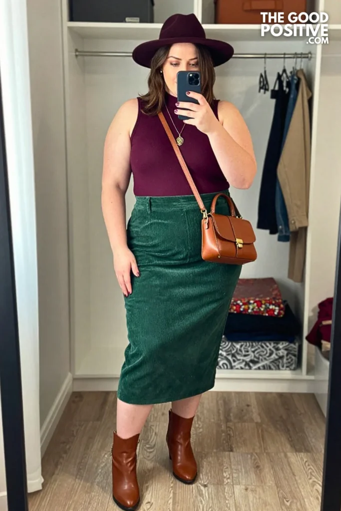 Aubergine Mock-Neck Top With Forest Green Corduroy Maxi Skirt