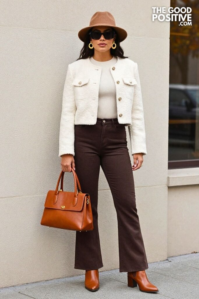 Auburn Bouclé Jacket with Dark Chocolate Flare Jeans