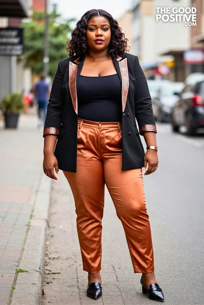 Black Ankara Blazer With Copper Patterned Trousers