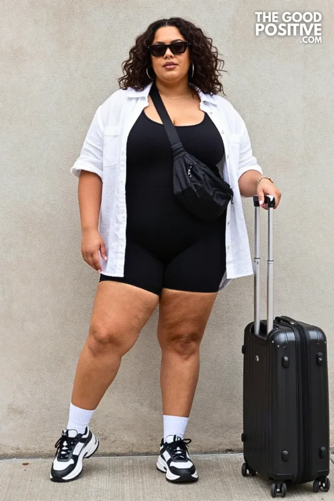 Black Biker Shorts, Oversized Shirt, and Statement Sneakers