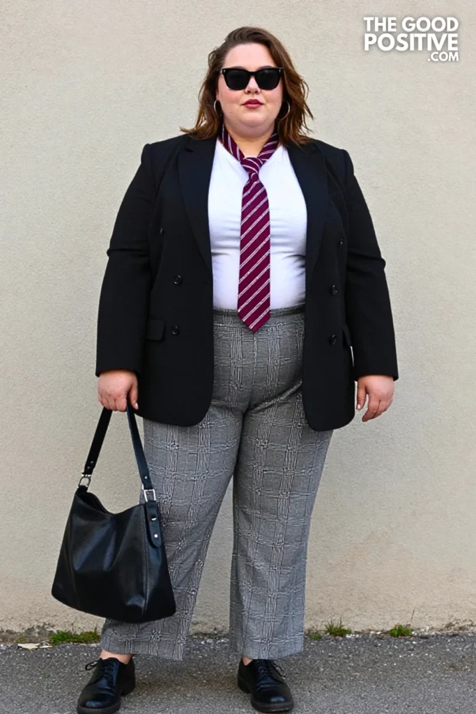 Black Blazer, Checked Trousers, And Burgundy Tie