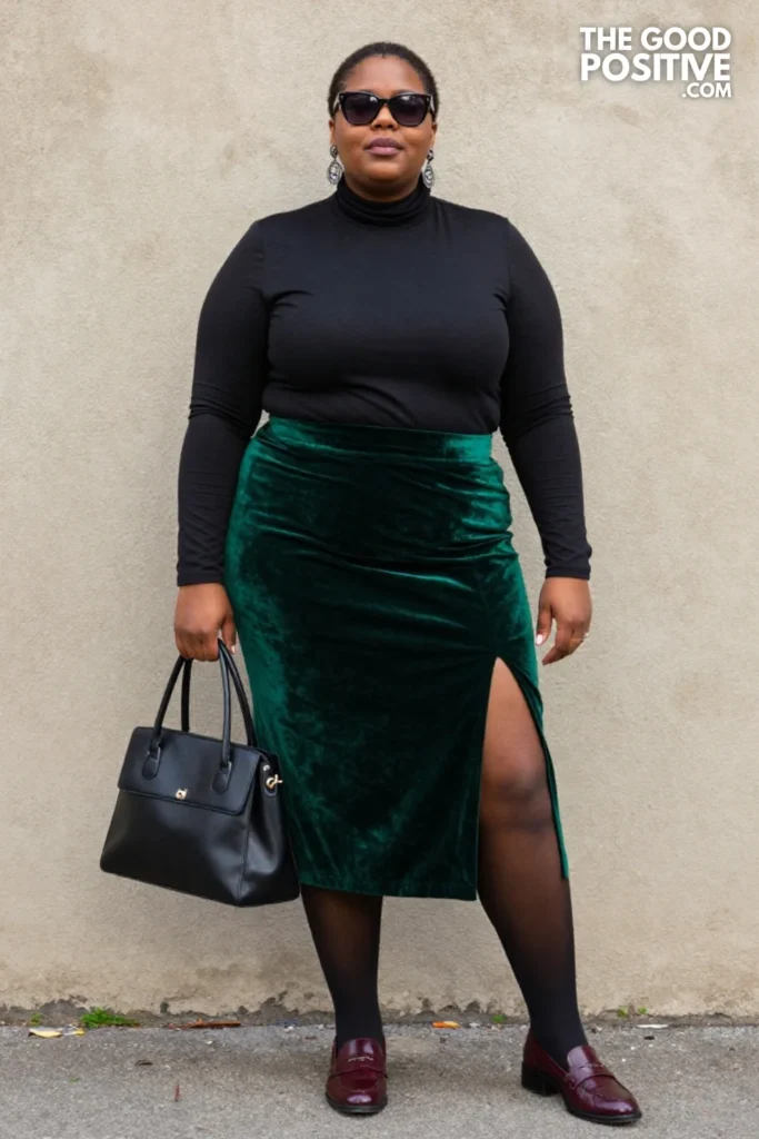 Black Blouse, Emerald Skirt, And Burgundy Shoes