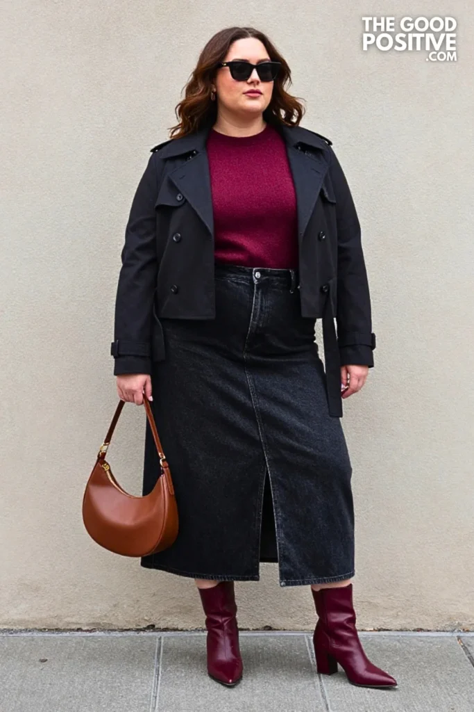 Black Denim Maxi Skirt, Cranberry Sweater, and Cropped Trench