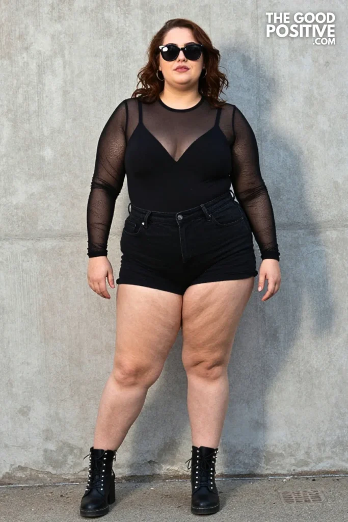 Black Denim Shorts, Mesh Sleeves, and Studded Boots