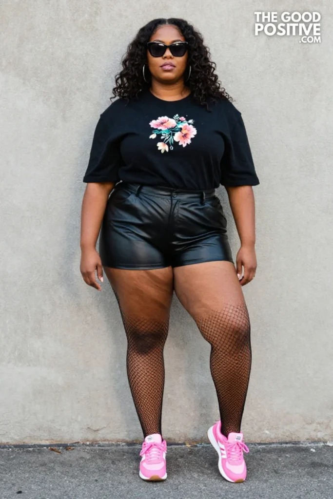 Black Faux-Leather Shorts, Graphic Tee, and Pink Sneakers