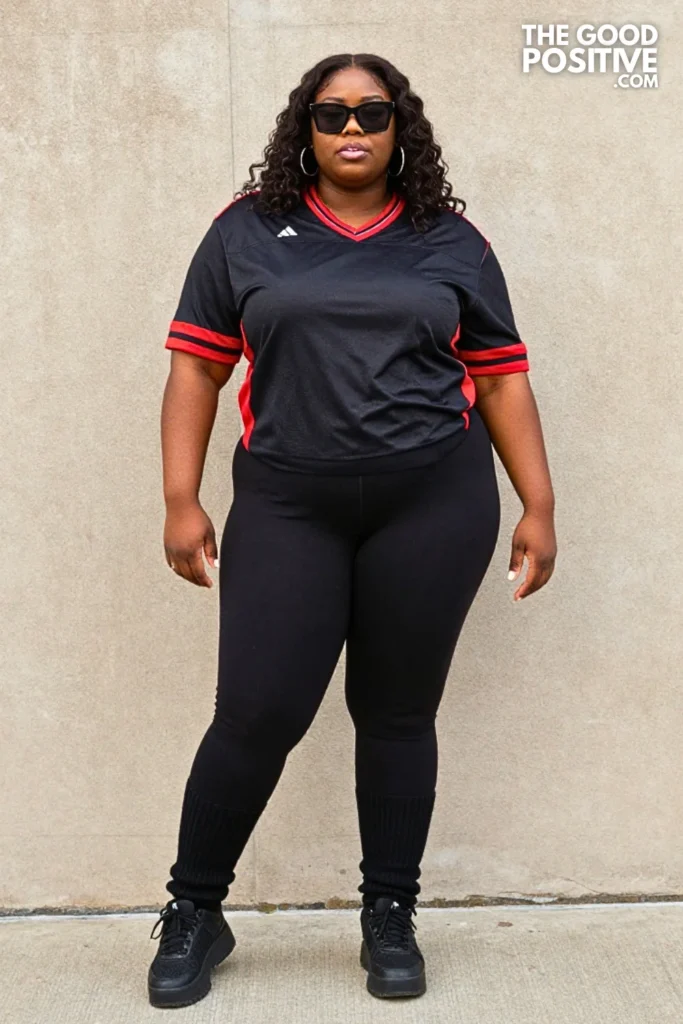 Black Leggings, Oversized Jersey, and Platform Sneakers