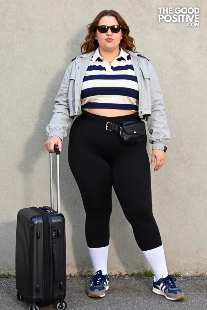 Black Leggings, Rugby Shirt, and Lightweight Windbreaker