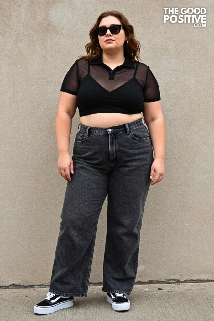 Black Mesh Polo, Charcoal Jeans, and Vans