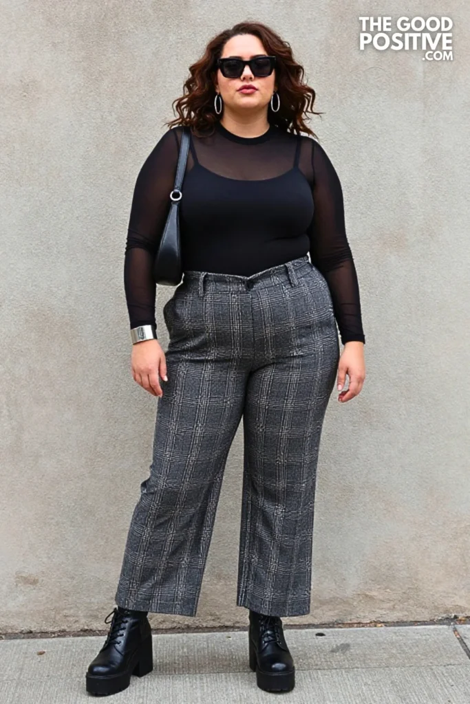 Black Mesh Top With Plaid Trousers Outfit