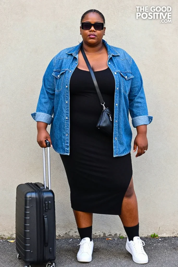 Black Midi Dress, Denim Overshirt, and White Sneakers