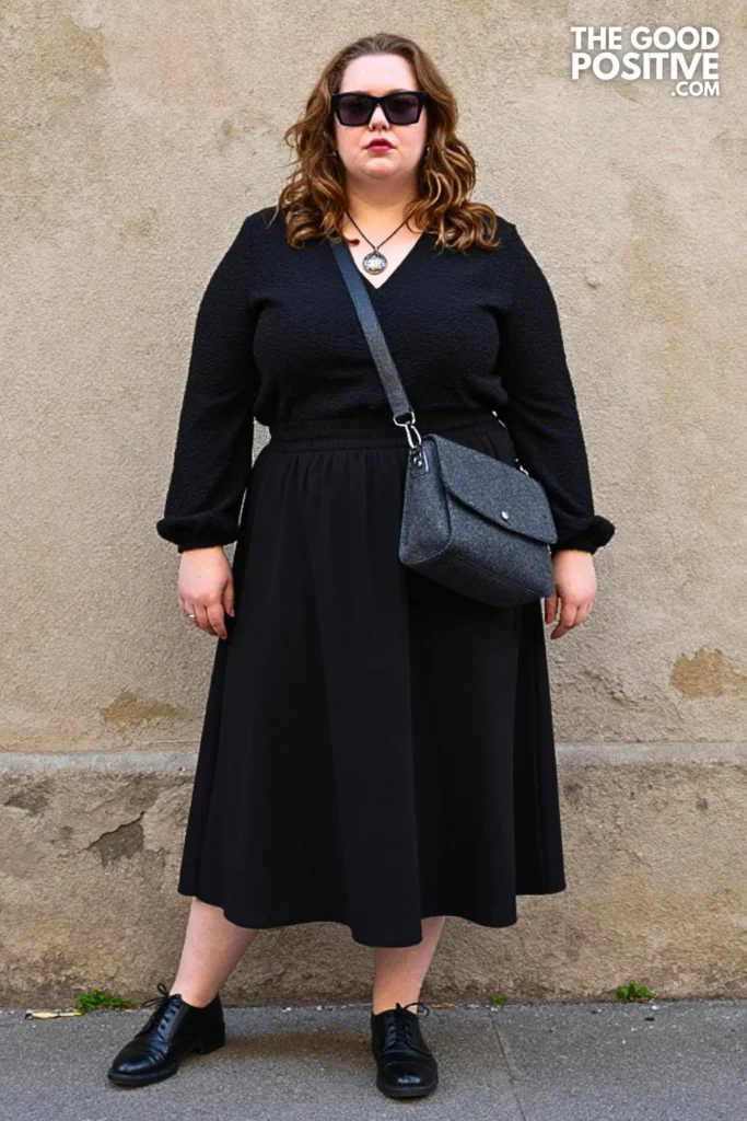 Black Midi Skirt, Sheer Black Top, And Oxfords