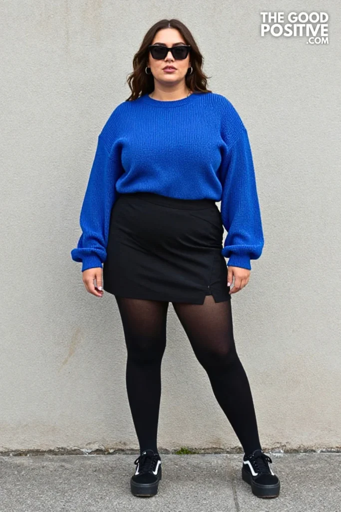 Black Mini Skirt, Neon Knit, and Platform Vans