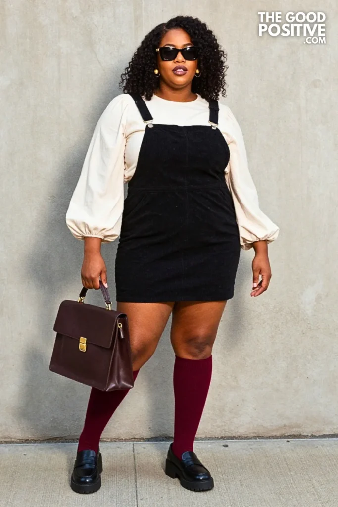 Black Pinafore Dress, Ivory Blouse, And Chunky Loafers