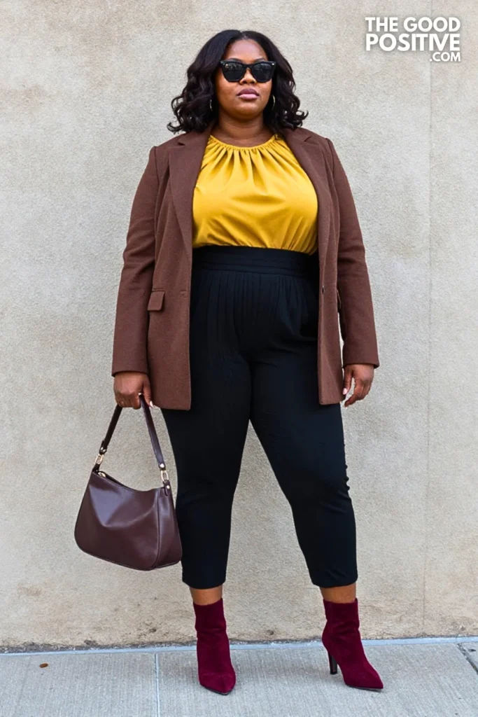 Black Pleated Culottes, Marigold Blouse, and Espresso Jacket