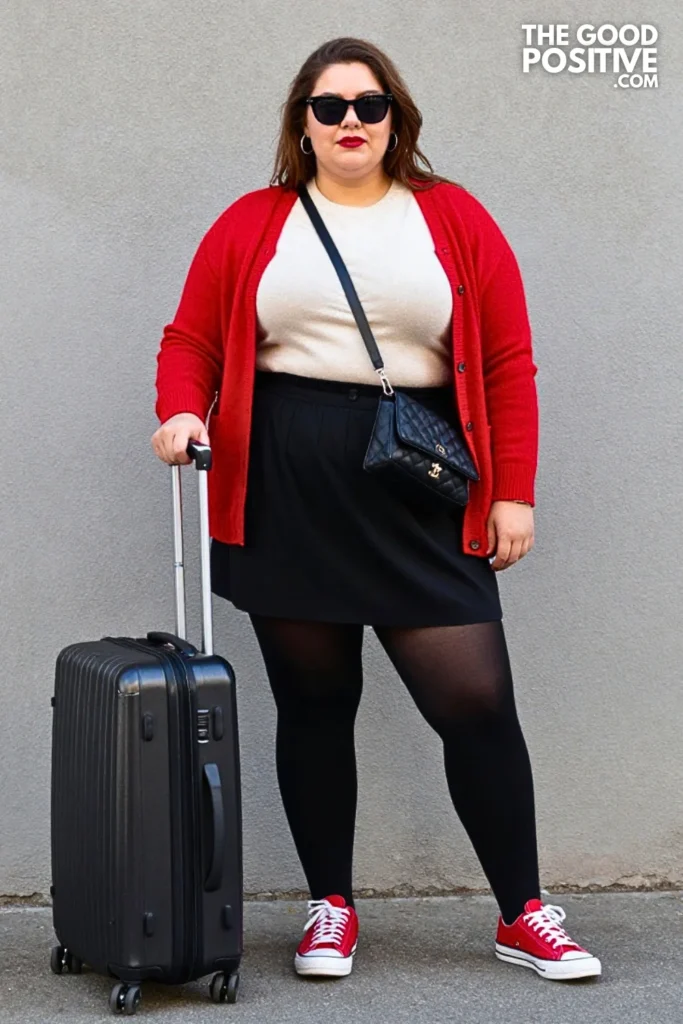 Black Pleated Skort, Cream Sweater, and Red Accents