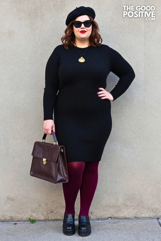 Black Sweater Dress, Burgundy Tights, And Platform Loafers