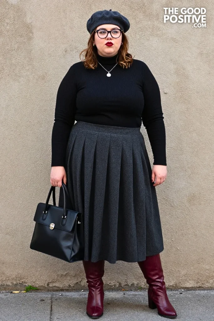 Black Turtleneck, Gray Skirt, And Burgundy Boots