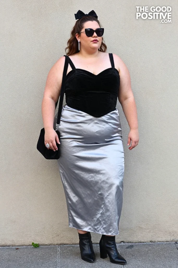 Black Velvet Top With Silver Maxi Skirt Outfit