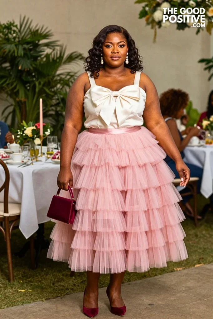 Blush Tulle Skirt With Satin Bow Blouse