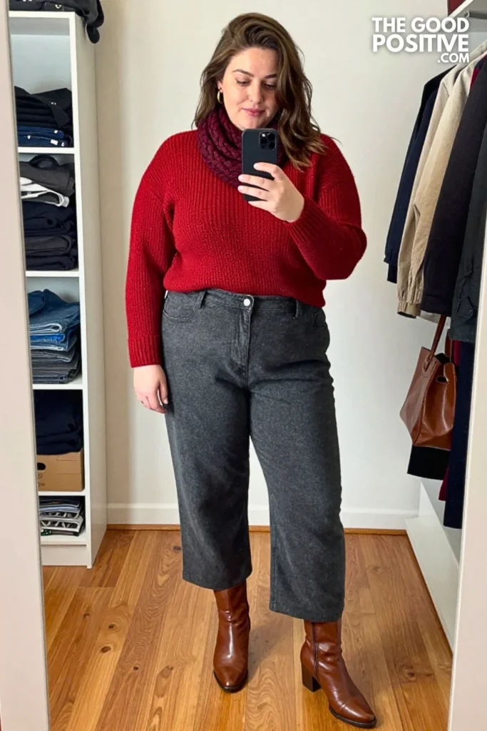 Brick Red Merino Sweater With Graphite Soft Twill Palazzo Pants