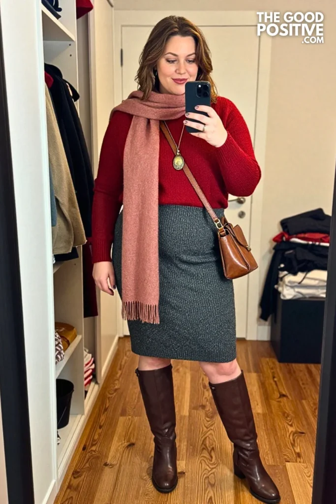 Brick Red Wool Shirt With Charcoal Knit Pencil Midi Skirt