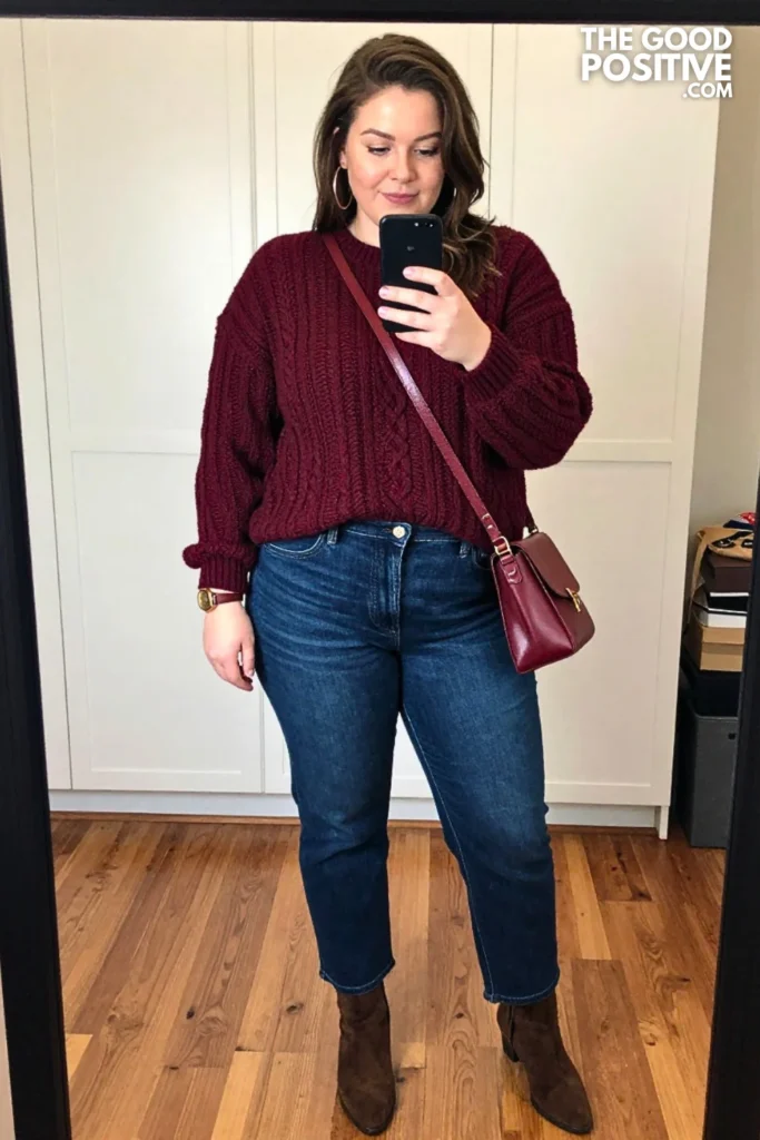 Burgundy Cable Sweater With Dark Indigo Sailor Jeans