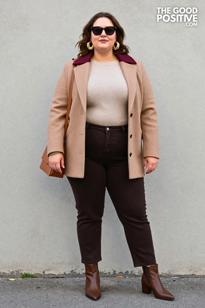 Burgundy Collarless Jacket, Oatmeal Knit, And Chocolate Barrel-Leg Jeans