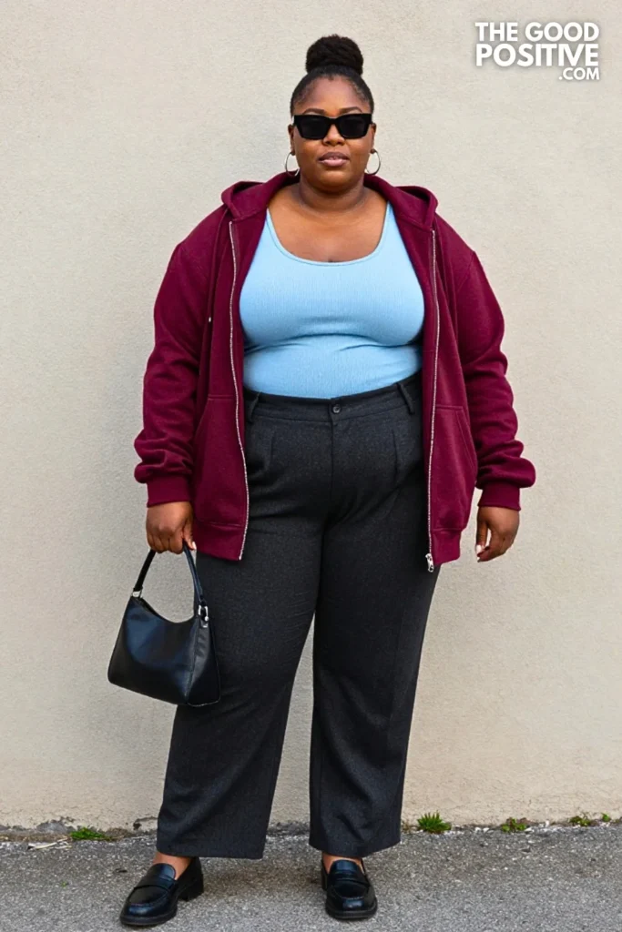 Burgundy Hoodie With Pleated Trousers Outfit