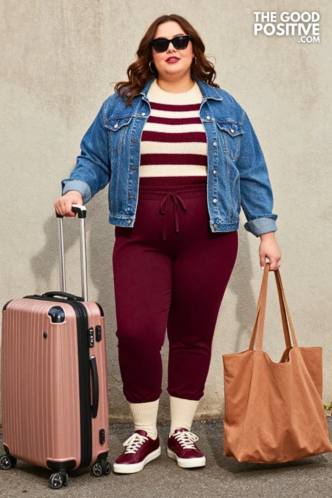 Burgundy Joggers, Striped Knit, and Denim Jacket