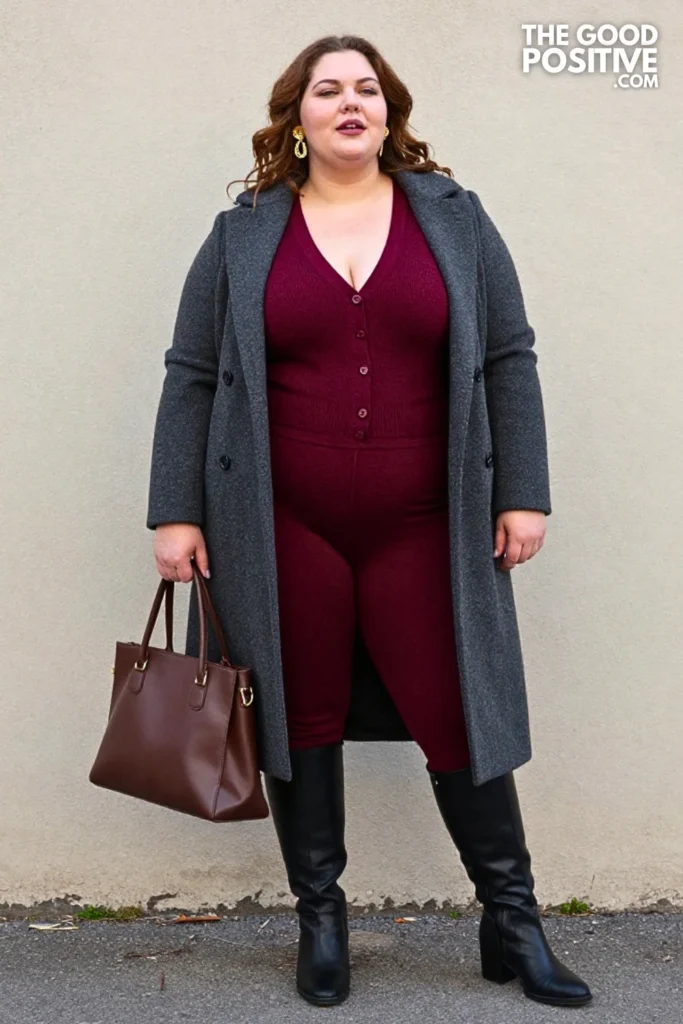 Burgundy Knit Set, Long Coat & Knee Boots