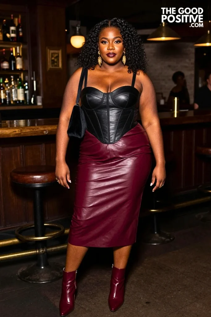 Burgundy Leather Midi Skirt With Corset Top
