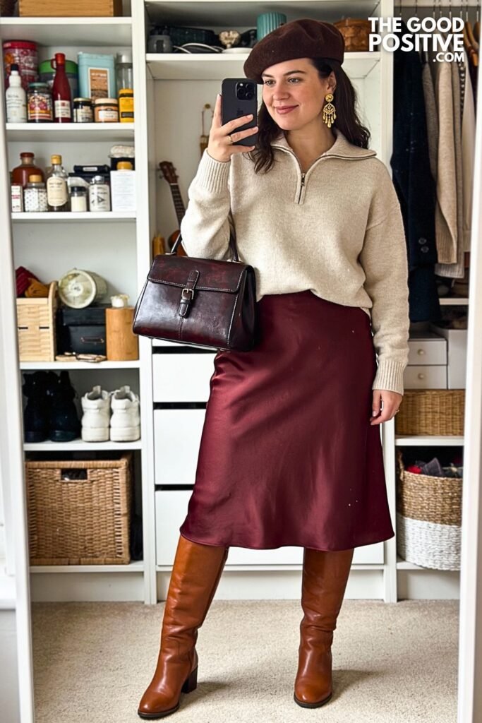 Burgundy Midi Skirt with Soft Oatmeal Half-Zip Knit