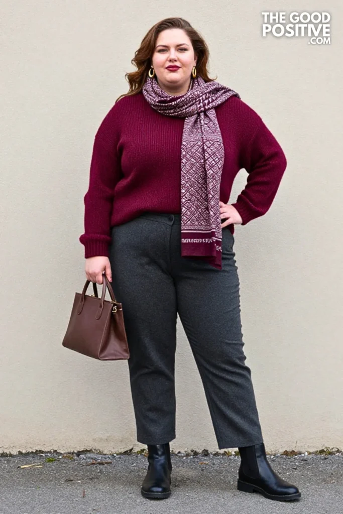 Burgundy Scarf-Neck Sweater, Charcoal Pants & Chelsea Boots