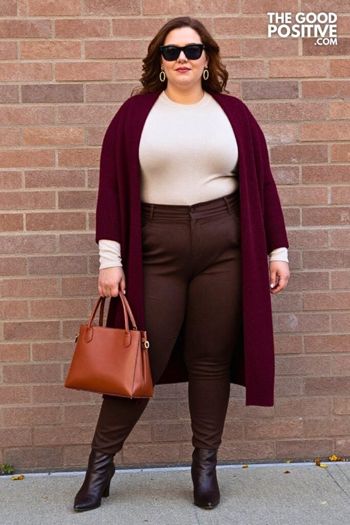 Burgundy Sweater Cape with Coffee Pintuck Trousers